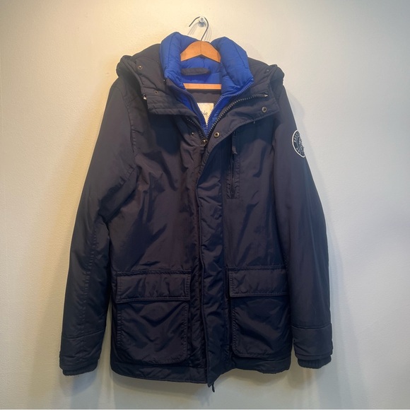 Abercrombie & Fitch Parka Jacket Blue Hood Zip & Snap Pockets Puffer Lining - Picture 1 of 13
